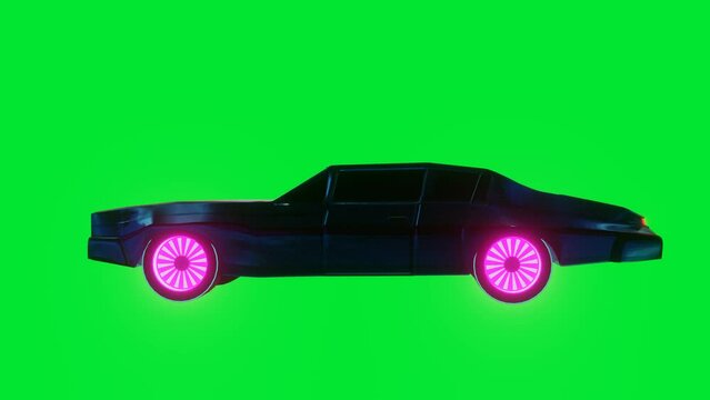 stylized model of a passenger car driving on a green background. 3D render. looping animation