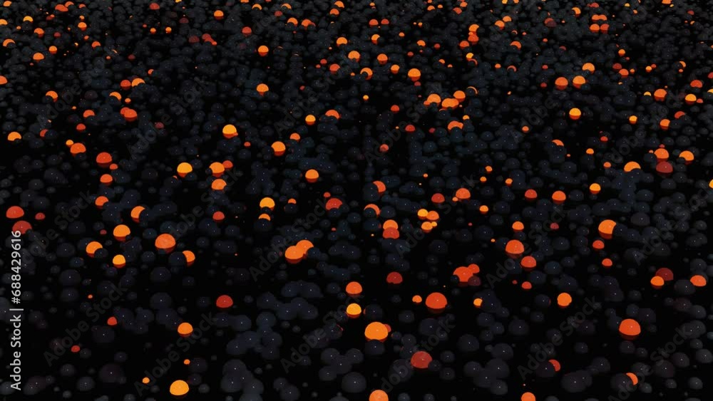 Poster many spheres of different sizes flash red-orange. 3d render. looping animation