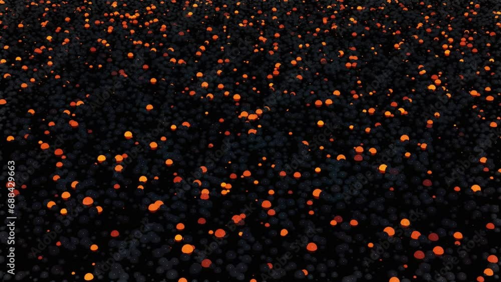 Poster many spheres of different sizes flash red-orange. 3d render. looping animation