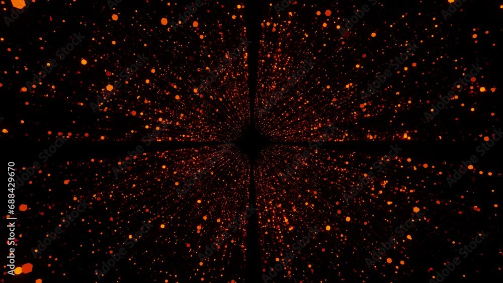 Poster endless camera movement through a dark tunnel with particles flashing red-orange light. 3d render. l