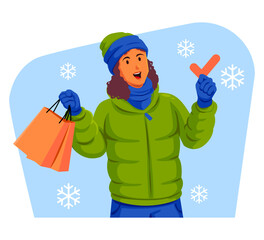 Woman in a winter jacket with winter hat and scarf holding shopping bags and check mark