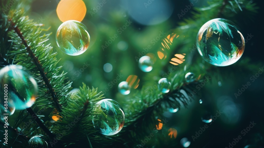 Poster a close up of a pine tree with soap bubbles hanging from it's needles and a blurry background.