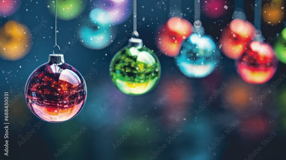 Poster a group of christmas ornaments hanging from strings in front of a blurry background of multicolored 