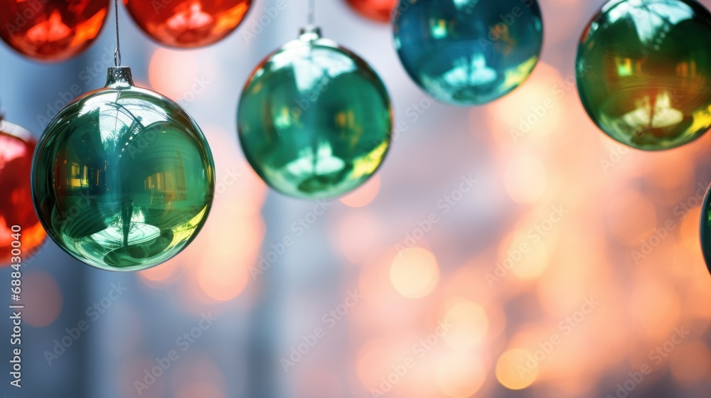 Poster a bunch of different colored ornaments hanging from a line with lights in the background and a blurr