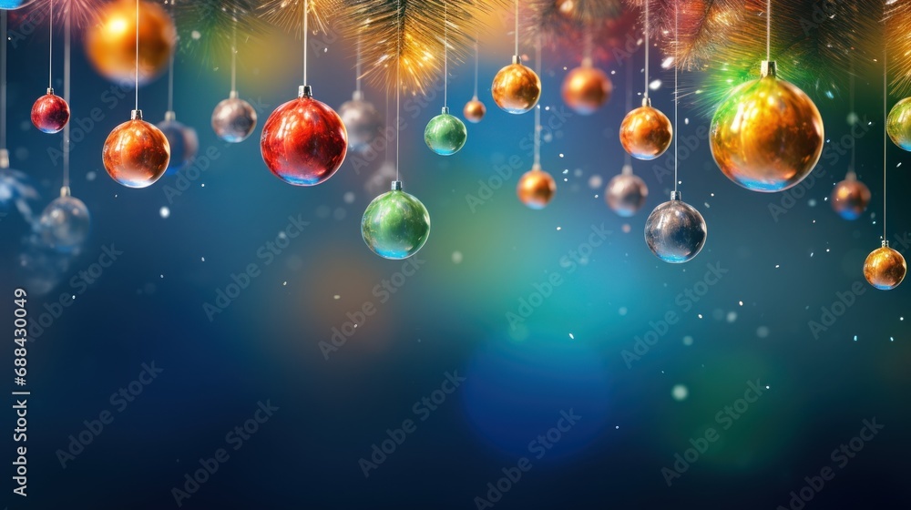 Poster a group of christmas balls hanging from a string on a blue background with a christmas tree branch i