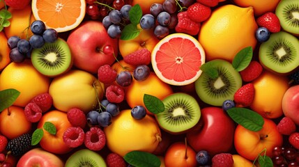A background of many fruits and berries.