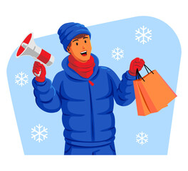Man in a winter jacket with winter hat and scarf holding shopping bags and megaphone