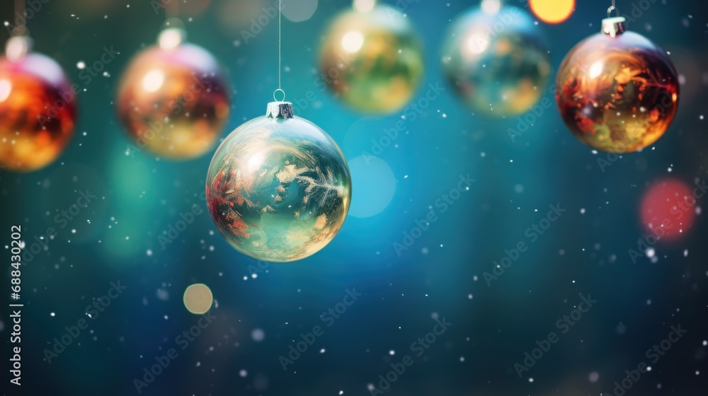 Poster a group of christmas ornaments hanging from strings in front of a blue background with boke of snowf