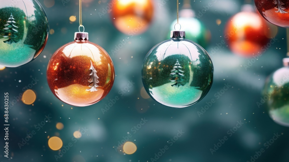 Poster a group of christmas ornaments hanging from strings on a christmas tree decorated with snowflakes an