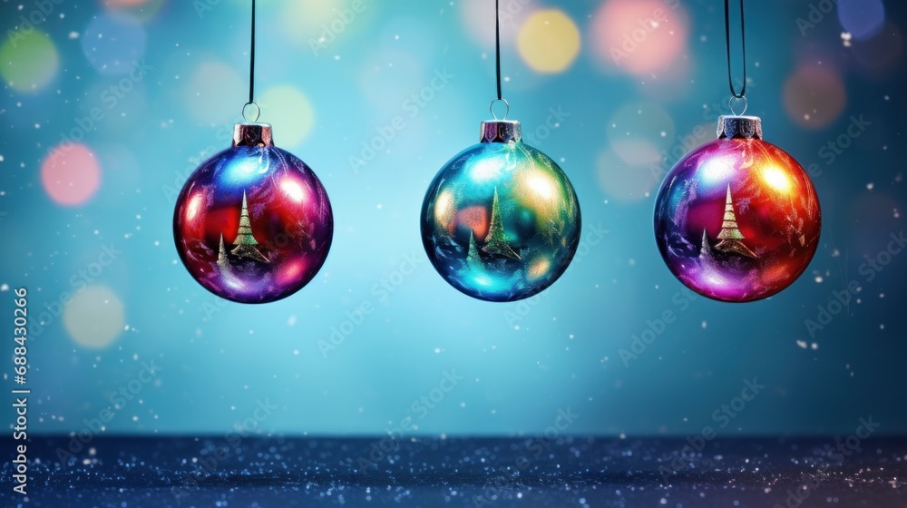 Aufkleber three christmas ornaments hanging from a string in front of a blue background with boke of light and