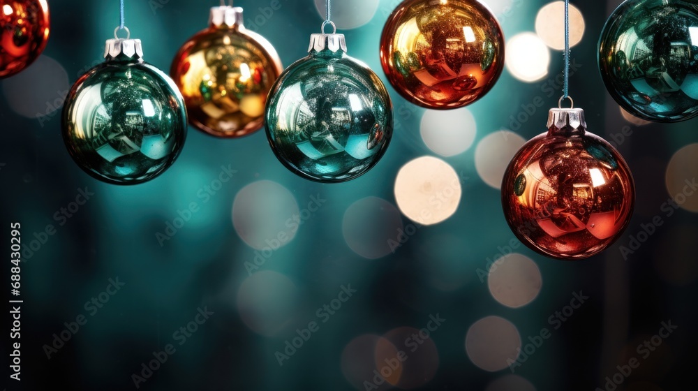 Poster a group of christmas ornaments hanging from a string on a dark background with boke of lights in the