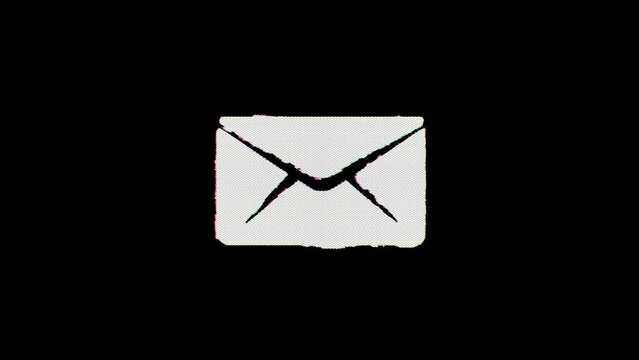 A mail or letter icon glitches in, wavers for a few seconds, and then glitches out. Alpha channel Premultiplied - Matted over black