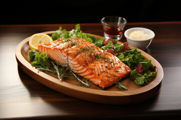 A grilled salmon steak on wooden table use for the National Salmon Day