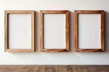 Wooden frames on the white wall background with table top at the bottom