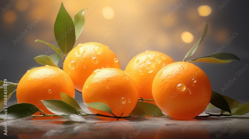 Poster a group of oranges sitting on top of a table with water droplets on the tops of the oranges.