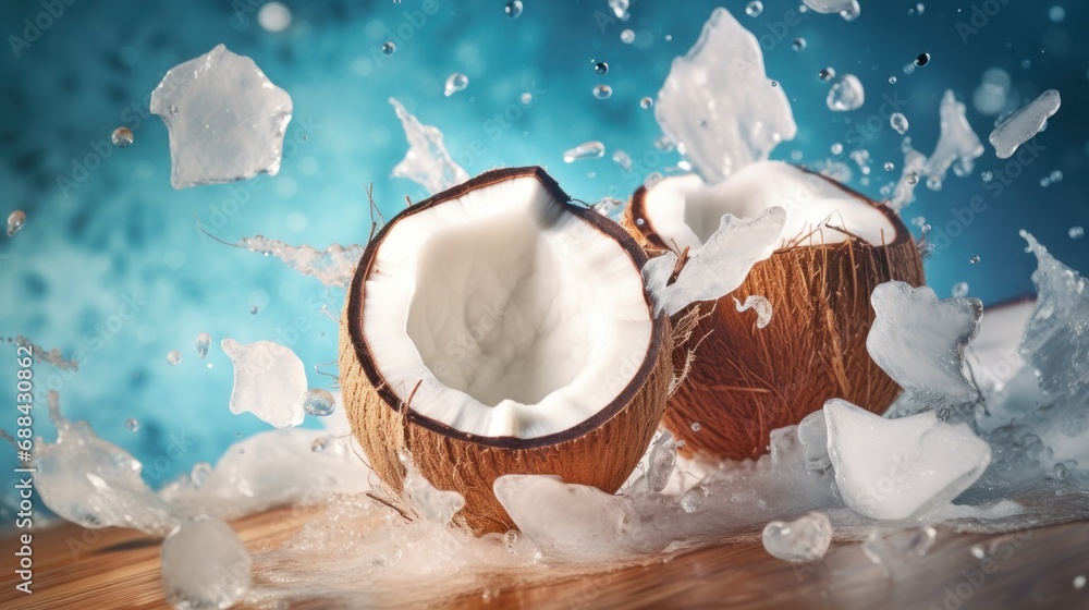 Poster a close up of two coconuts on a table with water splashing on the top and bottom of them.