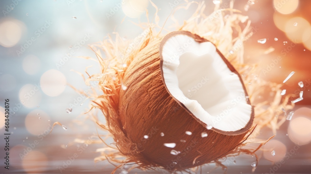 Poster a close up of a coconut with water splashing out of it's shell and a blurry boke of light in the bac