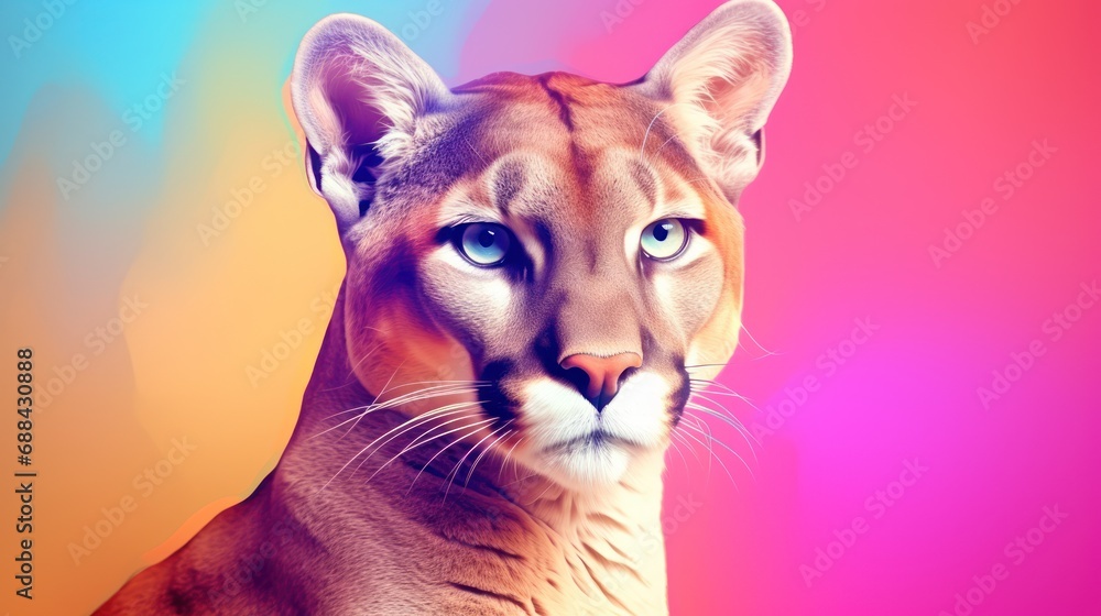 Poster a close up of a cat's face with a multicolored background and a blurry image of a mountain lion.