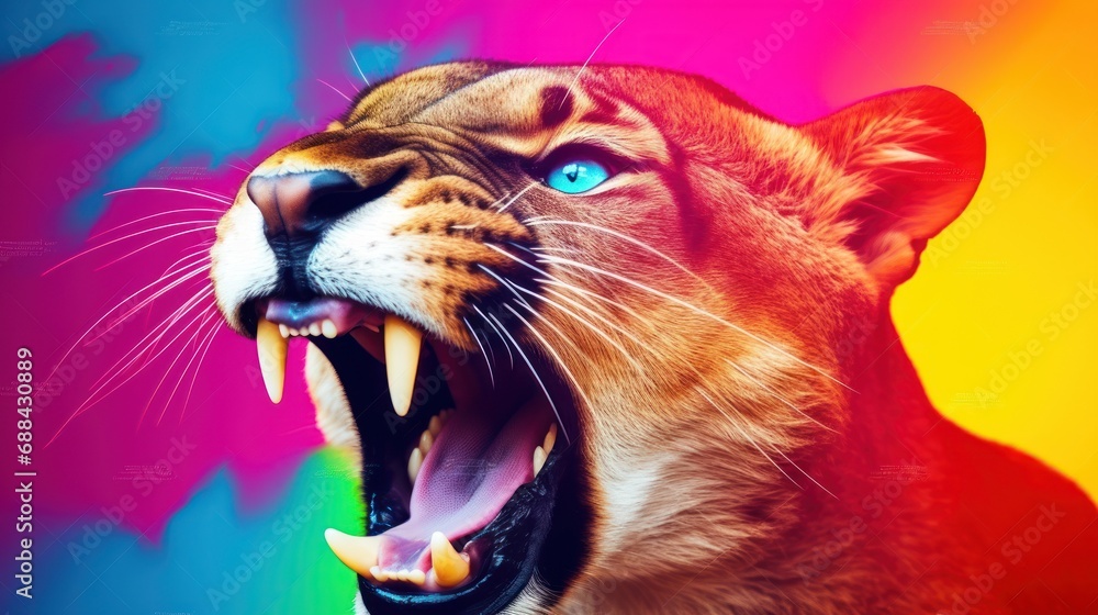 Poster a close up of a tiger's face with its mouth open and it's mouth wide open with it's teeth wide open.