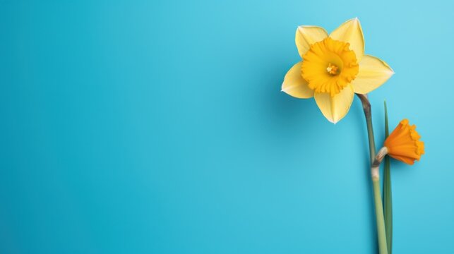  two yellow daffodils on a blue background with a place for a text or an image to put on a card.