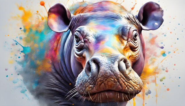 colorful hippo in paint splashes.
