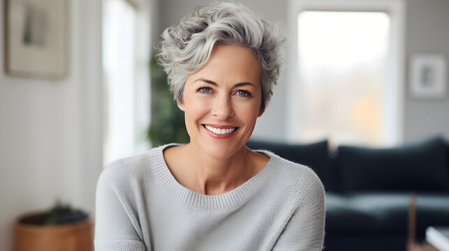 Close up image of happy good looking elegant fifty year old woman wearing warm cozy jumper, pearl earrings and short stylish hairdo being in good mood sitting in living room, smiling b. generative ai.
