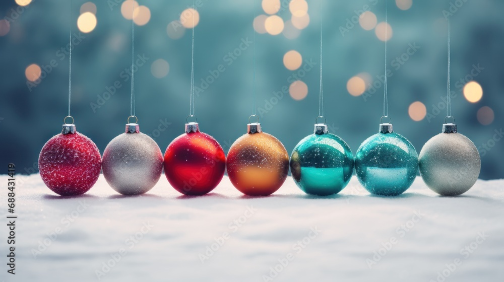 Poster a row of christmas baubles hanging from strings in front of a christmas tree with lights in the back
