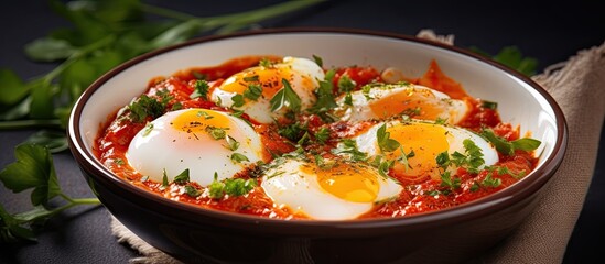Delicious and nutritious eggs cooked in spicy tomato sauce.