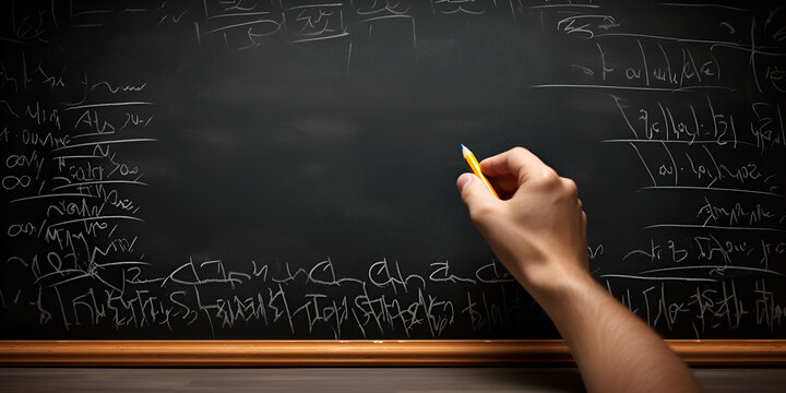 Hand Holding Chalk and Writing Complex and Sophisticated Mathematical Formula/ Equation on the Blackboard Mathematical Mastery: Handwriting Complex Equations 