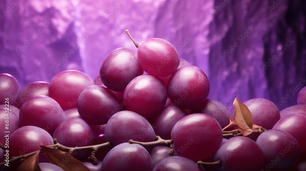 Poster a close up of a bunch of grapes on a table with a waterfall in the background and a leafy branch in 