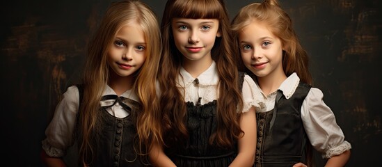 Obraz premium Three girls pose in front of a blackboard as students.