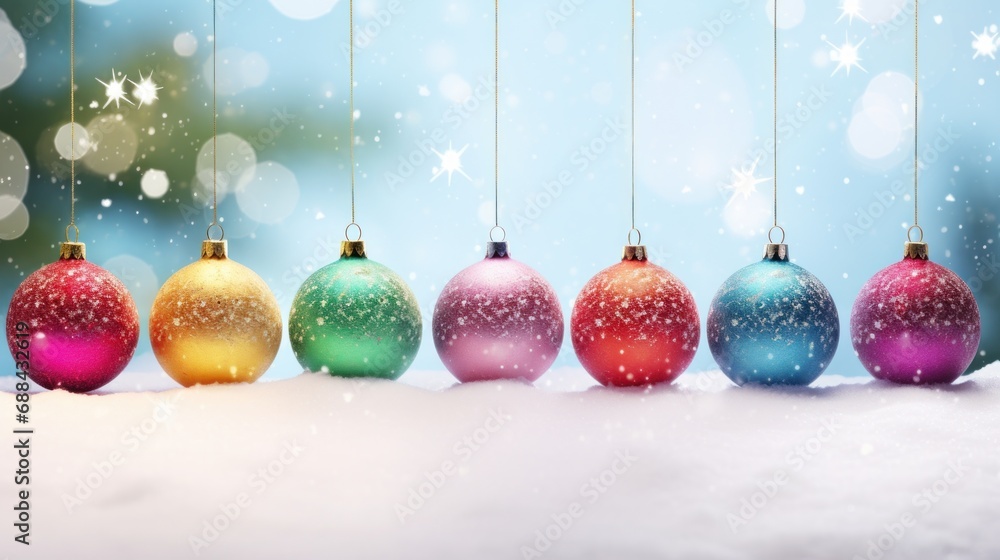 Aufkleber  a row of multicolored christmas ornaments hanging from strings on a snowy surface with snowflakes in the background.