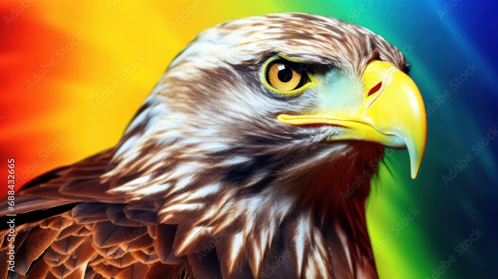 Aufkleber a close up of a bird of prey with a multicolored background and a rainbow - hued background.