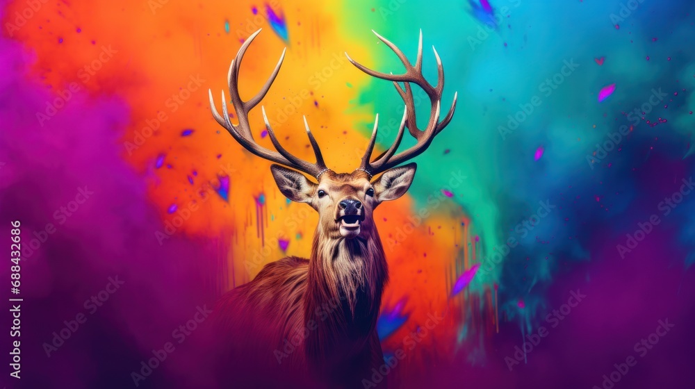 Poster a painting of a deer with antlers in front of a multicolored background with a rainbow sky in the ba
