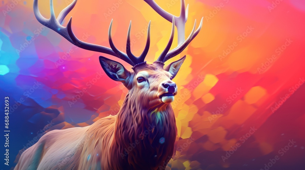 Poster a digital painting of a stag standing in front of a multicolored background with spots of light comi