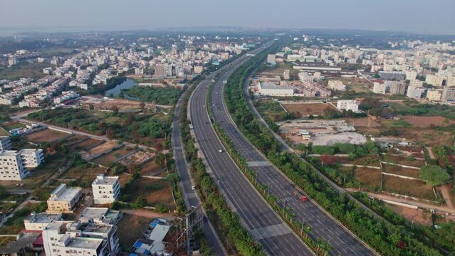 hyderabad nehru outer ring road express highway aerial view daytime 4k drone shot