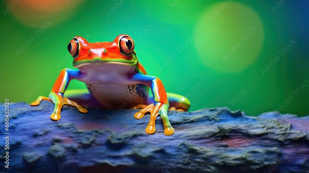 Poster a close up of a frog on a tree branch with a blurry background and a green light in the background.