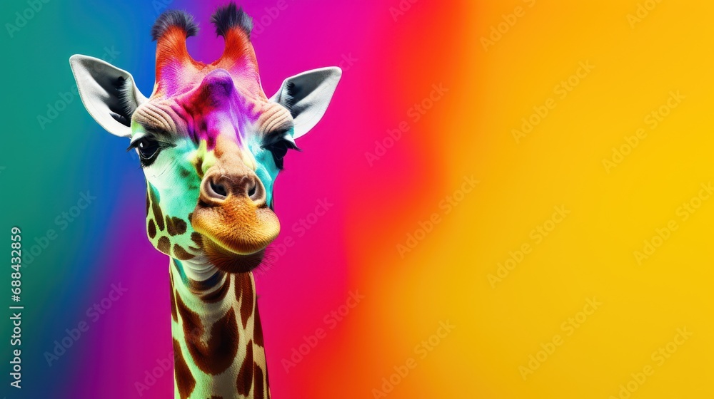 Poster a close up of a giraffe's face in front of a multicolored background of colors.