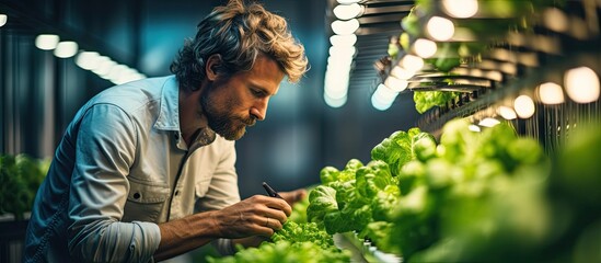 Male scientist examines organic, hydroponic vegetable research on indoor vertical farm. - obrazy, fototapety, plakaty