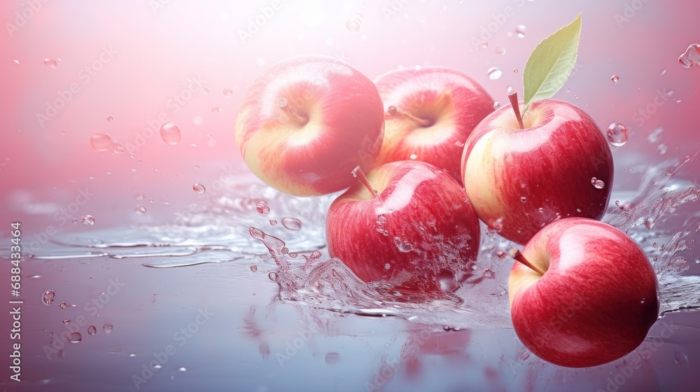 Poster a group of red apples floating on top of a body of water with a green leaf on top of it.