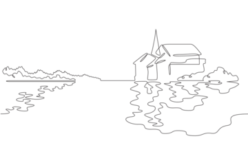 Embankment. Old town on the river bank. Reflection in the water. City landscape. One continuous line drawing. Linear. Hand drawn, white background. One line.