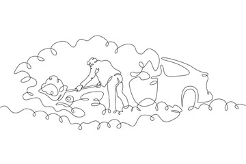 A man digs a car out of the snow. A man removes snow. Snow removal in winter. One continuous line drawing. Linear. Hand drawn, white background. One line.