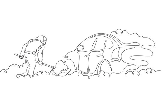 A man digs a car out of the snow. A man removes snow. Snow removal in winter. One continuous line drawing. Linear. Hand drawn, white background. One line.
