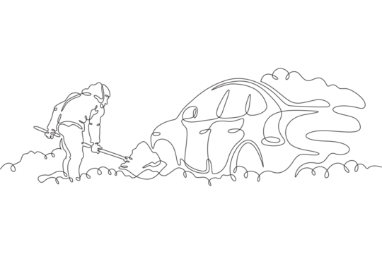 A man digs a car out of the snow. A man removes snow. Snow removal in winter. One continuous line drawing. Linear. Hand drawn, white background. One line.