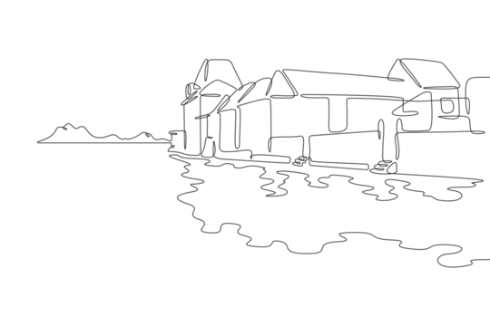 Embankment. Old town on the river bank. Reflection in the water. City landscape. One continuous line drawing. Linear. Hand drawn, white background. One line.