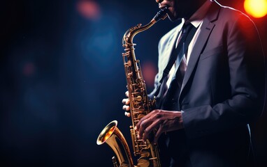 Fototapeta na wymiar Saxophonist in action during a live performance or a practice session