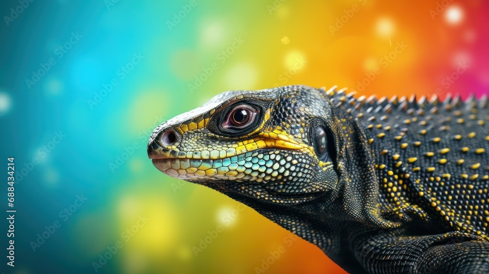 Poster a close up of a lizard's head with a multicolored background and stars in the sky in the background.