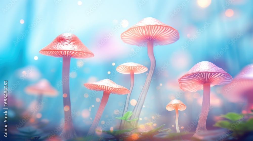 Poster a group of mushrooms sitting on top of a patch of grass next to a forest filled with lots of trees.