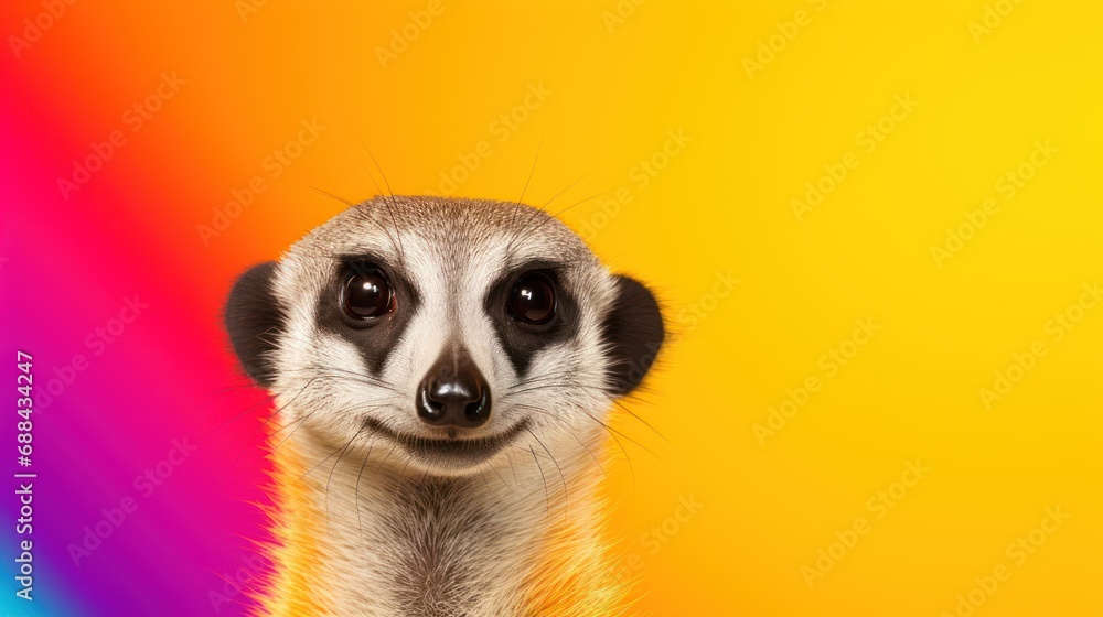 Poster a close up of a meerkat's face with a rainbow in the background and a rainbow in the foreground.
