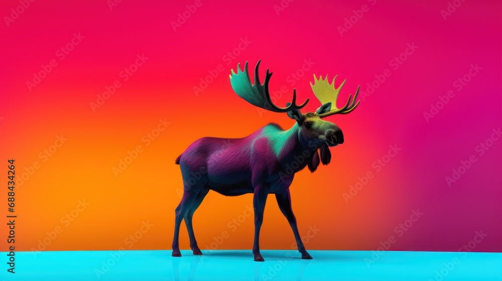 Poster a 3d image of a moose standing in front of a pink and blue background with a yellow crown on it's he